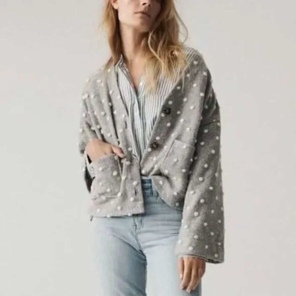 Madewell Texture & Thread Boxy Bobble Pom Pom Cropped Cardigan Grey XSmall EUC